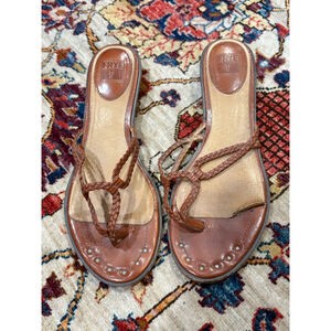 Frye Braided Leather Thong Sandals Brown Studded Footbed Boho Western Women’s